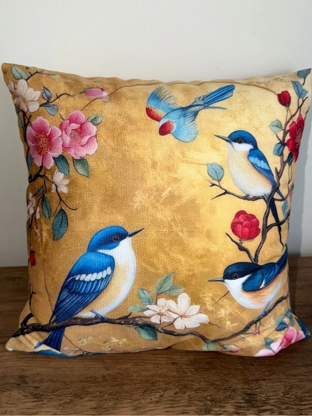 Golden Velvet Bird & Floral Accent Pillow - Blue Motif
